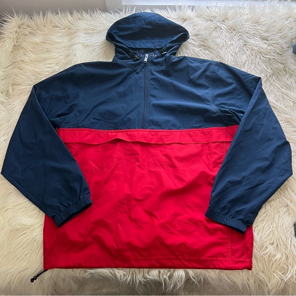 Swiss Tech Half Zip Pullover Windbreaker Blue Red Pockets Hooded Men’s Size M - Picture 1 of 9